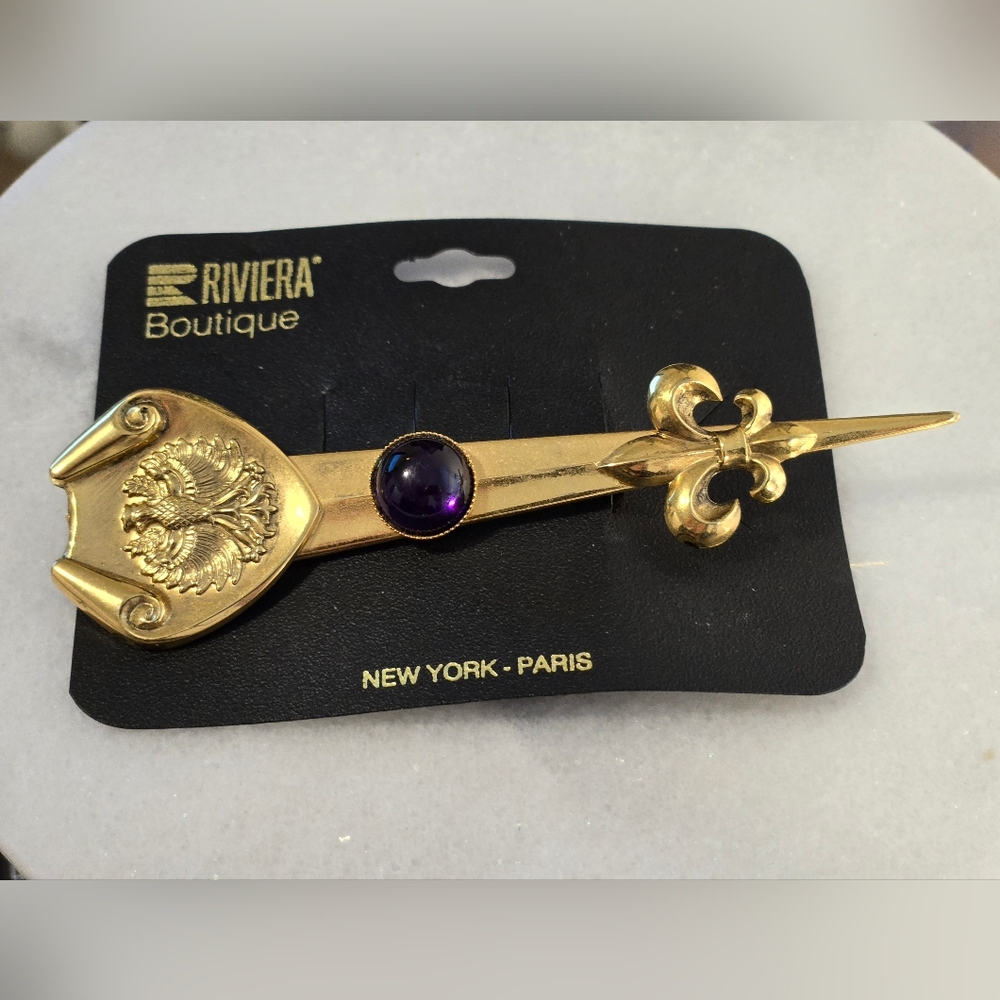 Vintage Rivera's Boutique Elegant Gold Tone and Purple Cabochon Stone Brooch